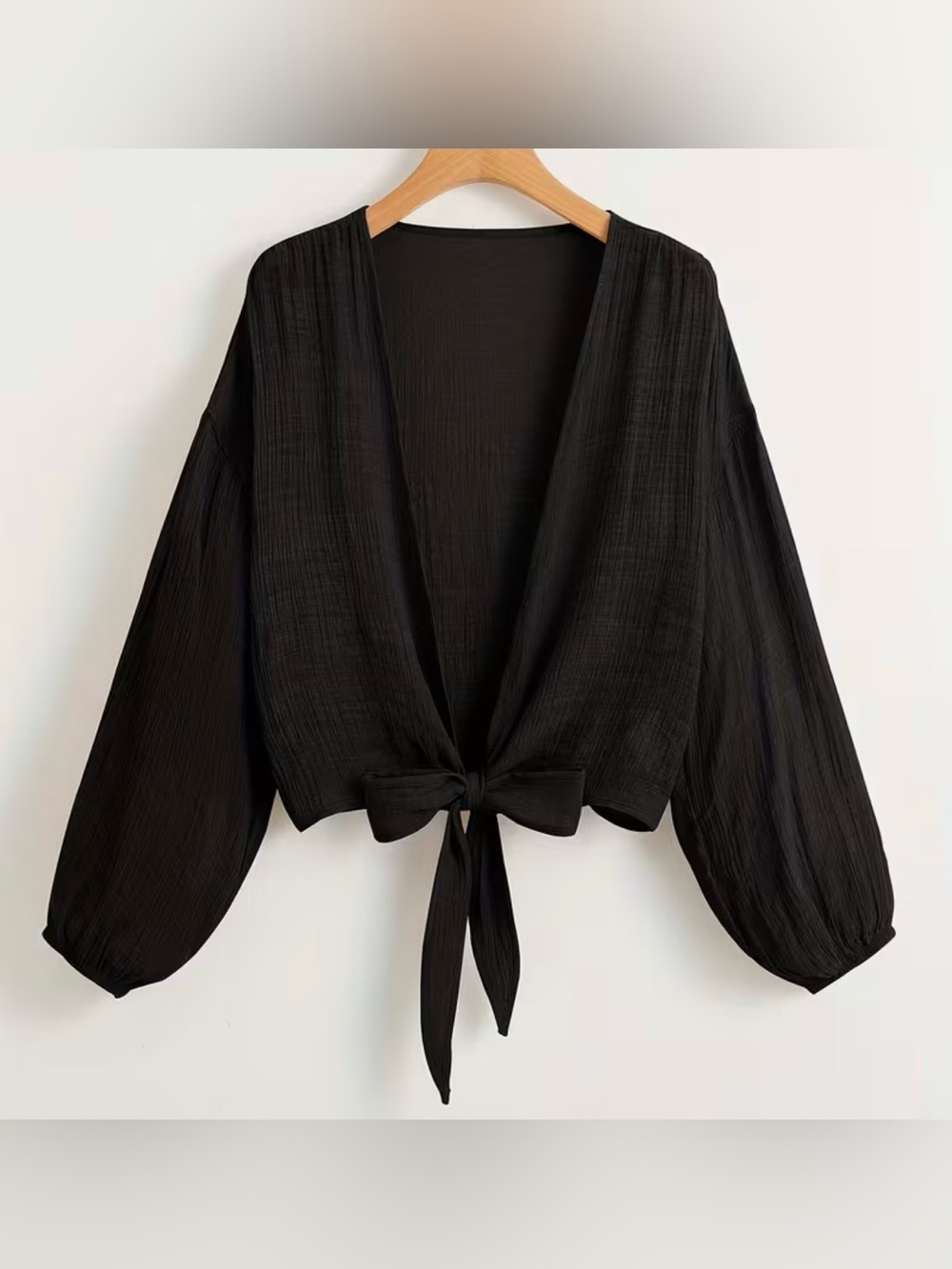 Casual Beach Cover Up - Plain Long Sleeve Knot Front Cover Up